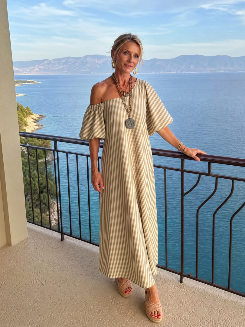 Ilyndra | Midi-Kleid mit Streifenmuster, Empire-Taille & Kurzarm