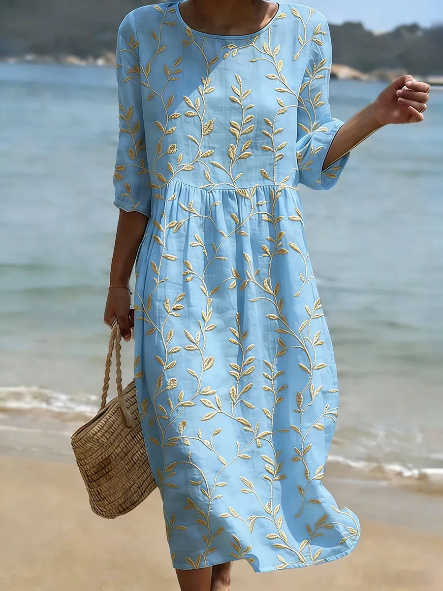 Jade | Elegantes Blumen-Midi-Kleid mit Rundhalsausschnitt