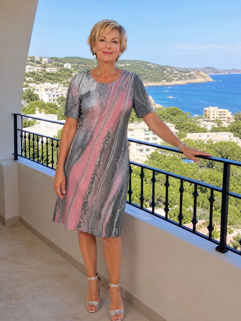 Virexia | Midi-Kleid mit abstraktem Druck, rundem Ausschnitt & Kurzarm