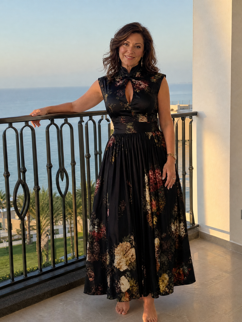 Vimoza | Midi-Kleid mit Blumendruck, Schlüssellochaus schnitt & Cap-Ärmeln
