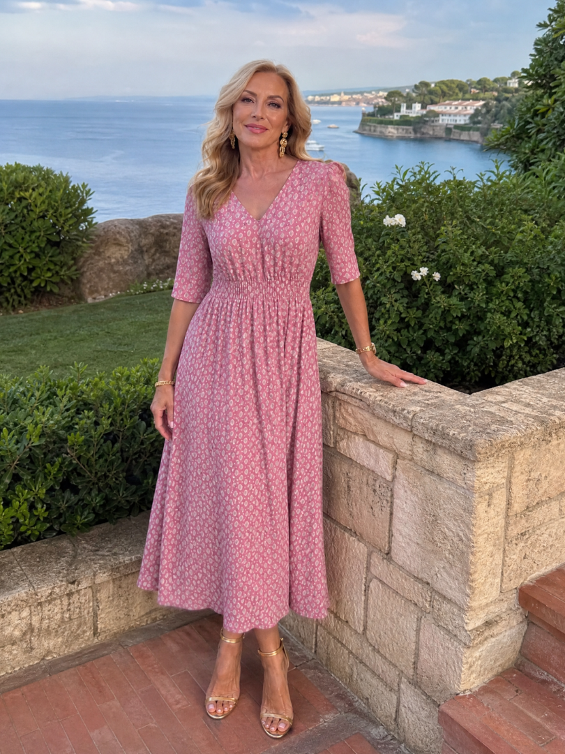 Zorynne | Midi-Kleid mit V-Ausschnitt & Ellenbogenlangen Ärmeln