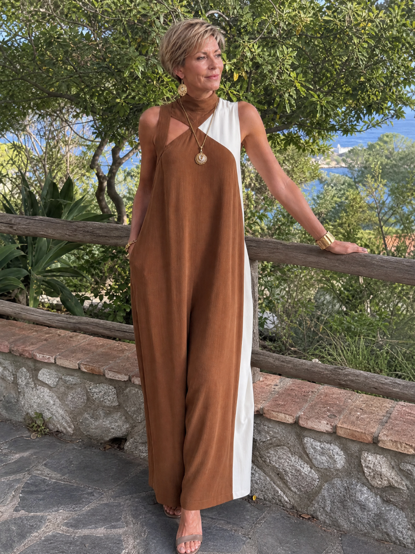 Zorynthia | Ärmelloses Midi-Kleid im Colorblock-Design mit hohem Ausschnitt & Cutout
