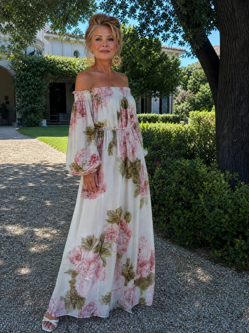 Euram | Off-Shoulder Maxi-Kleid mit Blumendruck & langen Ballonärmel