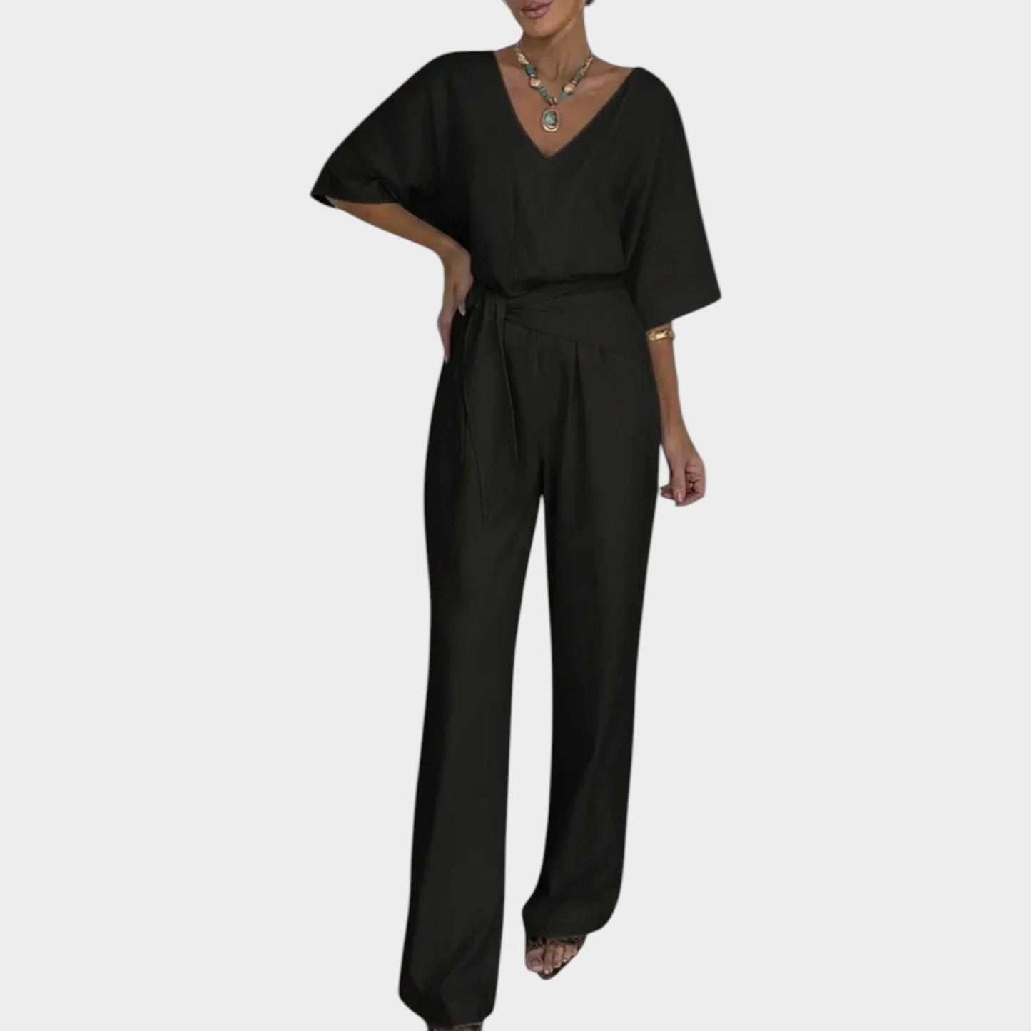 Vera | Eleganter Jumpsuit mit V-Ausschnitt & Bindegürtel | Weithose