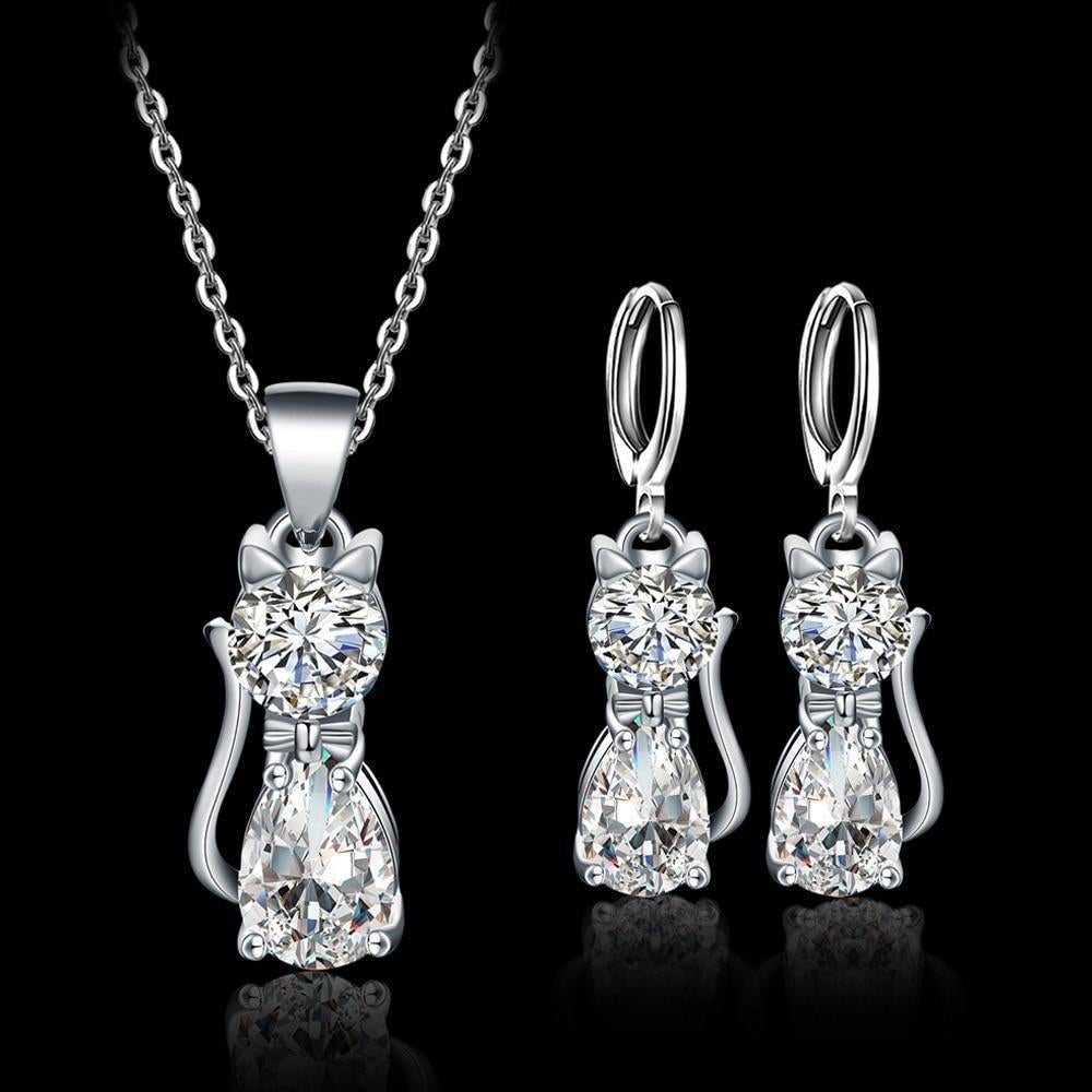 Set Halskette + Ohrringe Happy Cats aus Sterlingsilber und polierten weißen Zirkonen