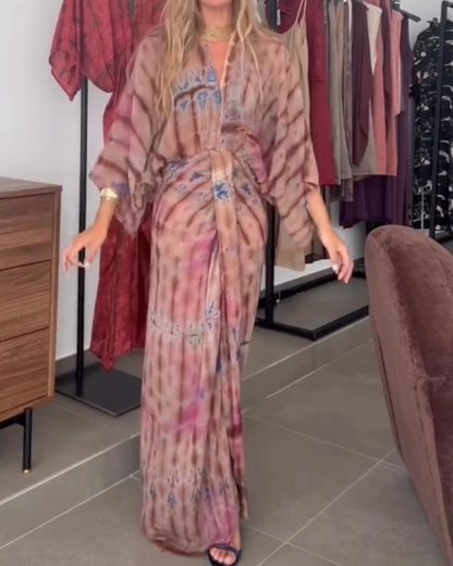 Retro print V-neck fitted waist belted long dress