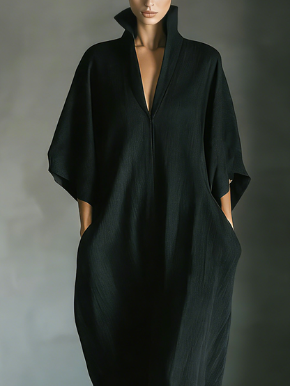 Oversized Kimono-Maxi-Kleid mit Taschen in Schwarz