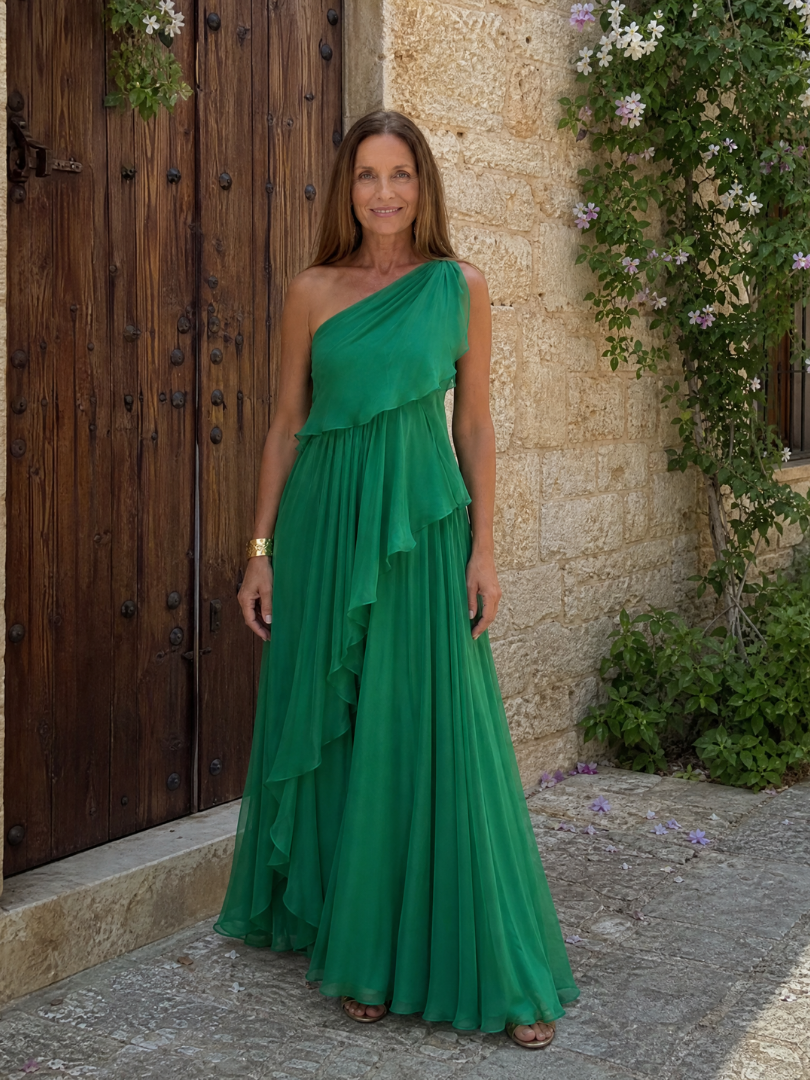Evadora | One-Shoulder Maxi-Kleid mit Rüschen & fließendem Rock