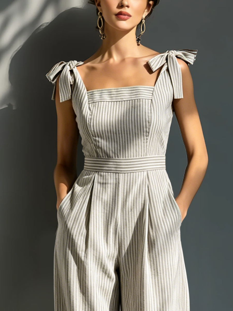 Damen Jumpsuit Beige & Weiß | Gestreifter Leinenmix mit Bindeträgern