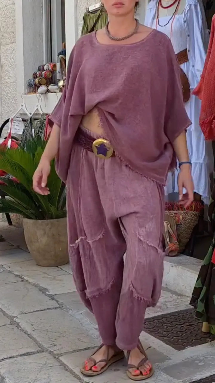 Mauve Geraffeltes Leinen Zweiteiliges Set