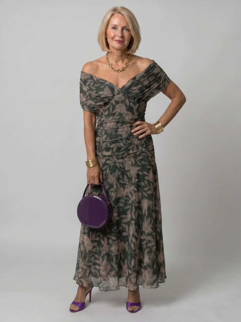 Calen | Off-Shoulder Midi-Kleid mit Drapierung & fließendem Rock