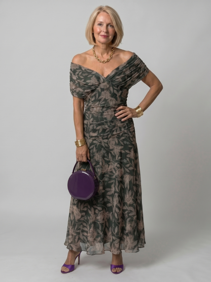 Calen | Off-Shoulder Midi-Kleid mit Drapierung & fließendem Rock