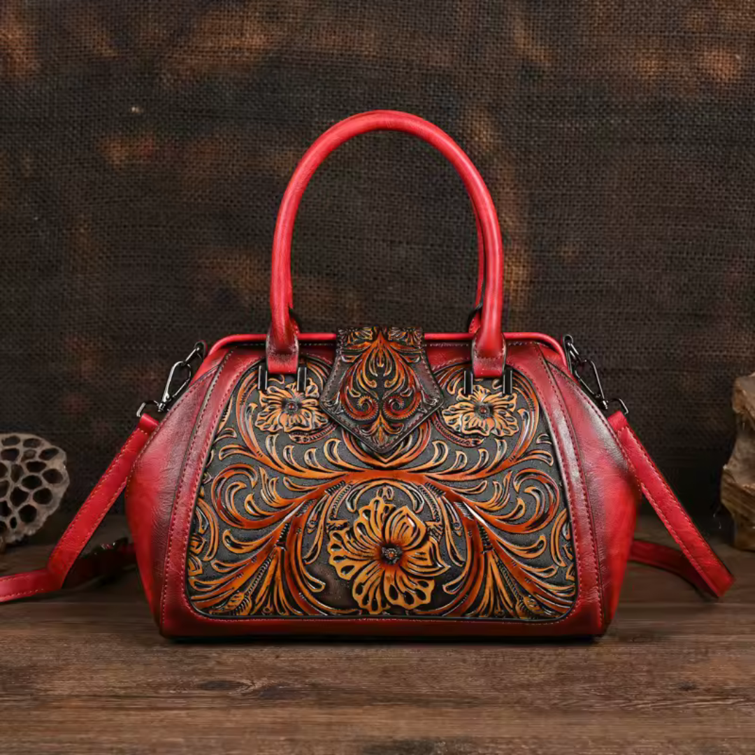 Florina - Gegravierte Lederhandtasche mit Blumenmuster