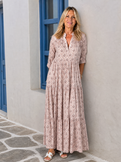 Zirelle | Maxi-Kleid mit Print, Kragen, Knopfleiste & aufgekrempelten Ärmeln