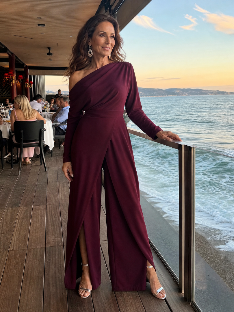 Emily | One-Shoulder Jumpsuit mit Weithose & Drapierung | 3/4-Ärmel