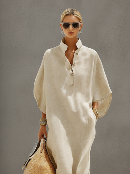 Leinenkleid mit Stehkragen & Dolman-Ärmeln in Oatmeal