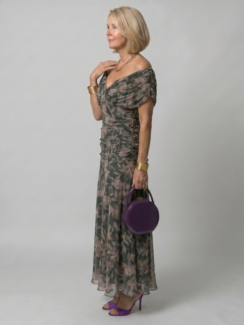 Calen | Off-Shoulder Midi-Kleid mit Drapierung & fließendem Rock
