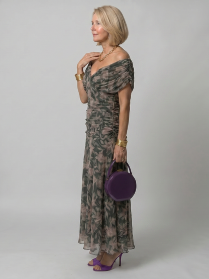 Calen | Off-Shoulder Midi-Kleid mit Drapierung & fließendem Rock