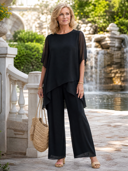 Nimon | Zweiteiliges Chiffon-Set mit gelagerten Drapier-Ärmeln & Weithose