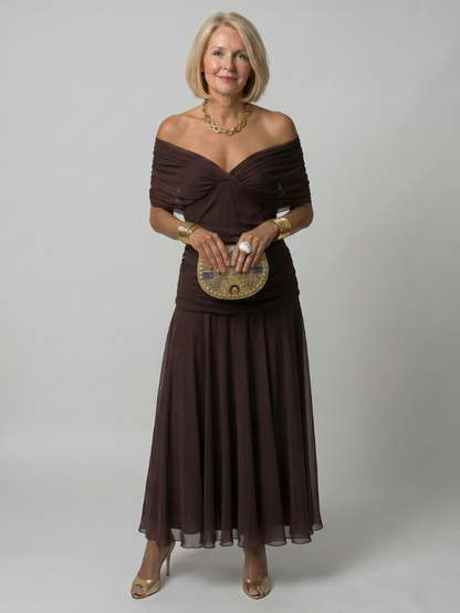 Calen | Off-Shoulder Midi-Kleid mit Drapierung & fließendem Rock