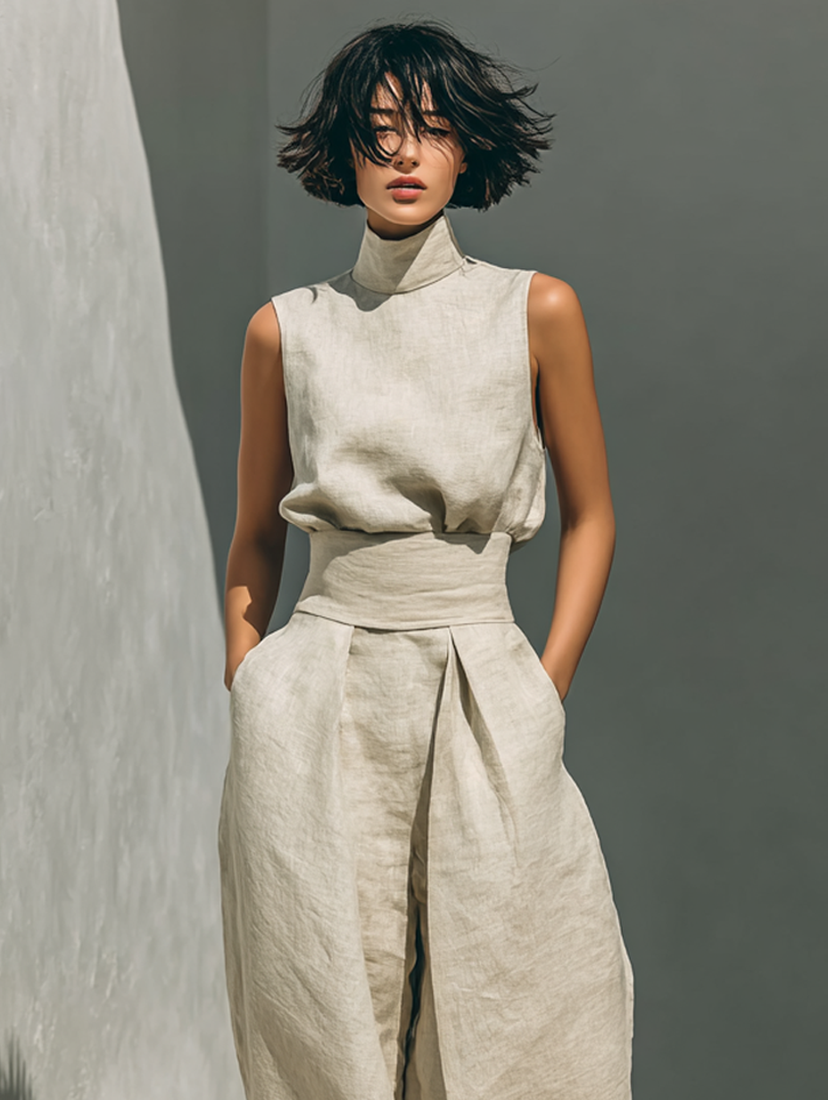 Nora | Minimalistisches Leinen-Set | Ärmelloses Top & Weithose