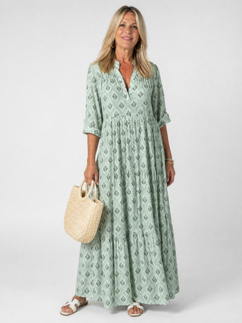 Zirelle | Maxi-Kleid mit Print, Kragen, Knopfleiste & aufgekrempelten Ärmeln