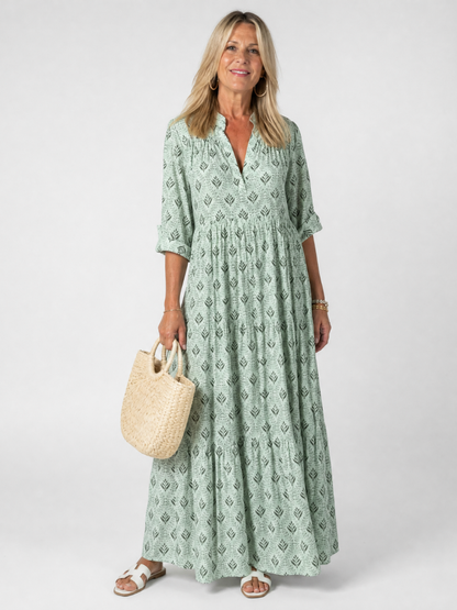 Zirelle | Maxi-Kleid mit Print, Kragen, Knopfleiste & aufgekrempelten Ärmeln