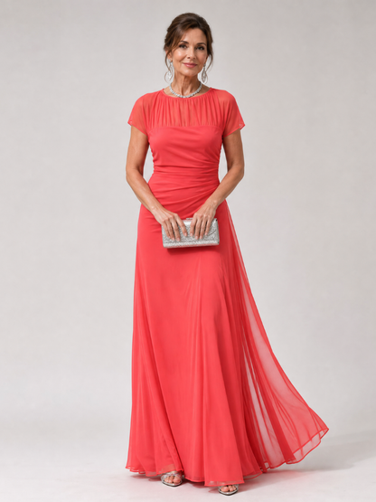 Aurethia | Maxi-Kleid mit transparentem Mesh-Joch, Raffung & Cap-Ärmeln