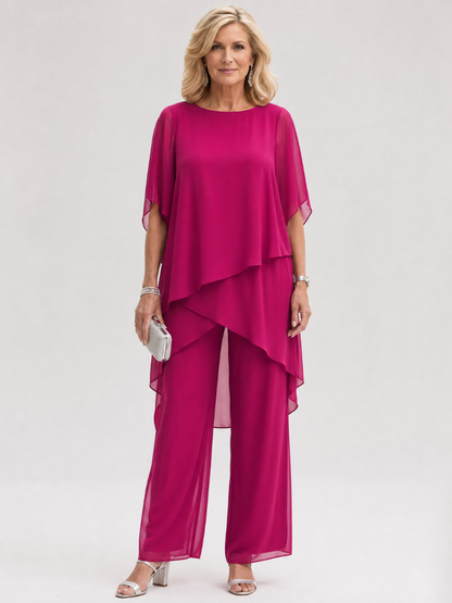 Nimon | Zweiteiliges Chiffon-Set mit gelagerten Drapier-Ärmeln & Weithose