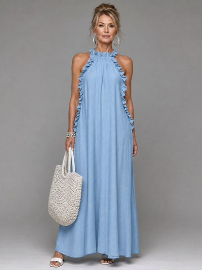 Euman | Ärmelloses Maxi-Kleid mit Rüschenkragen & Seitentaschen