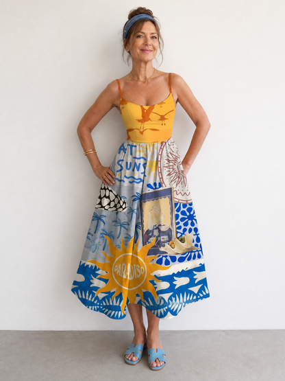 Zarman | Ärmelloses Midi-Kleid mit Coastal-Print, zarten Trägern & tailliertem Oberteil