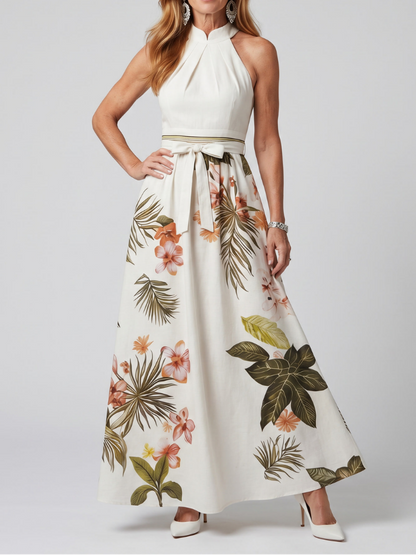 Prairie - Maxikleid mit botanischen Paneelen und drapiertem Halterneck