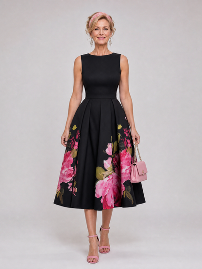 Valestria | Ärmelloses Midi-Kleid mit Blumendruck, rundem Ausschnitt & vollem Rock