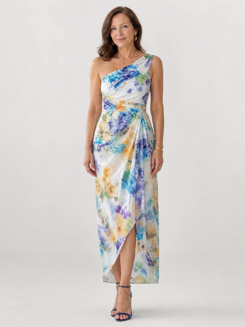 Avona | One-Shoulder Midi-Kleid mit Blumendruck, Raffung & Überlappungsrock