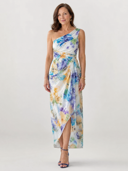 Avona | One-Shoulder Midi-Kleid mit Blumendruck, Raffung & Überlappungsrock