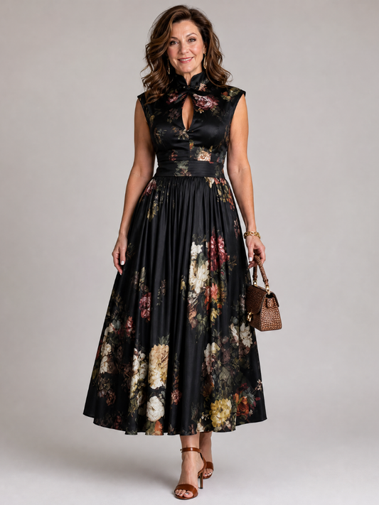 Vimoza | Midi-Kleid mit Blumendruck, Schlüssellochaus schnitt & Cap-Ärmeln