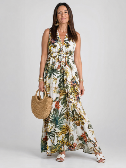 Evarisque | Ärmelloses Maxi-Kleid mit Tropenprint, V-Ausschnitt & definierter Taille