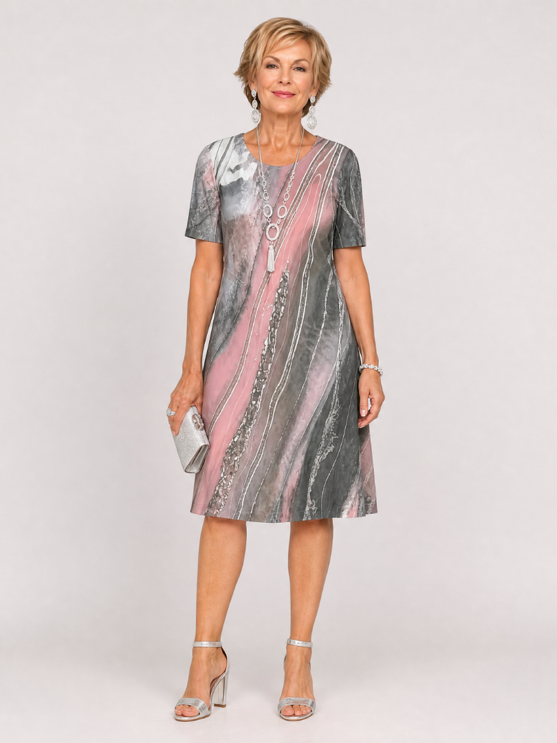 Virexia | Midi-Kleid mit abstraktem Druck, rundem Ausschnitt & Kurzarm