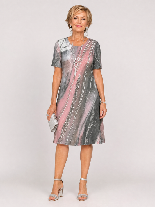 Virexia | Midi-Kleid mit abstraktem Druck, rundem Ausschnitt & Kurzarm