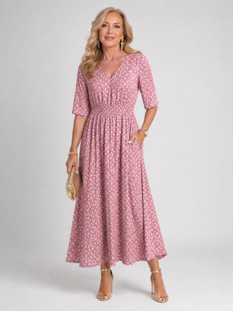 Zorynne | Midi-Kleid mit V-Ausschnitt & Ellenbogenlangen Ärmeln