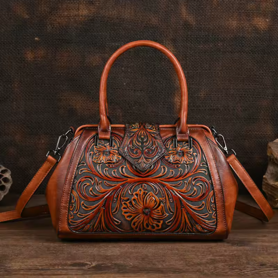 Florina - Gegravierte Lederhandtasche mit Blumenmuster