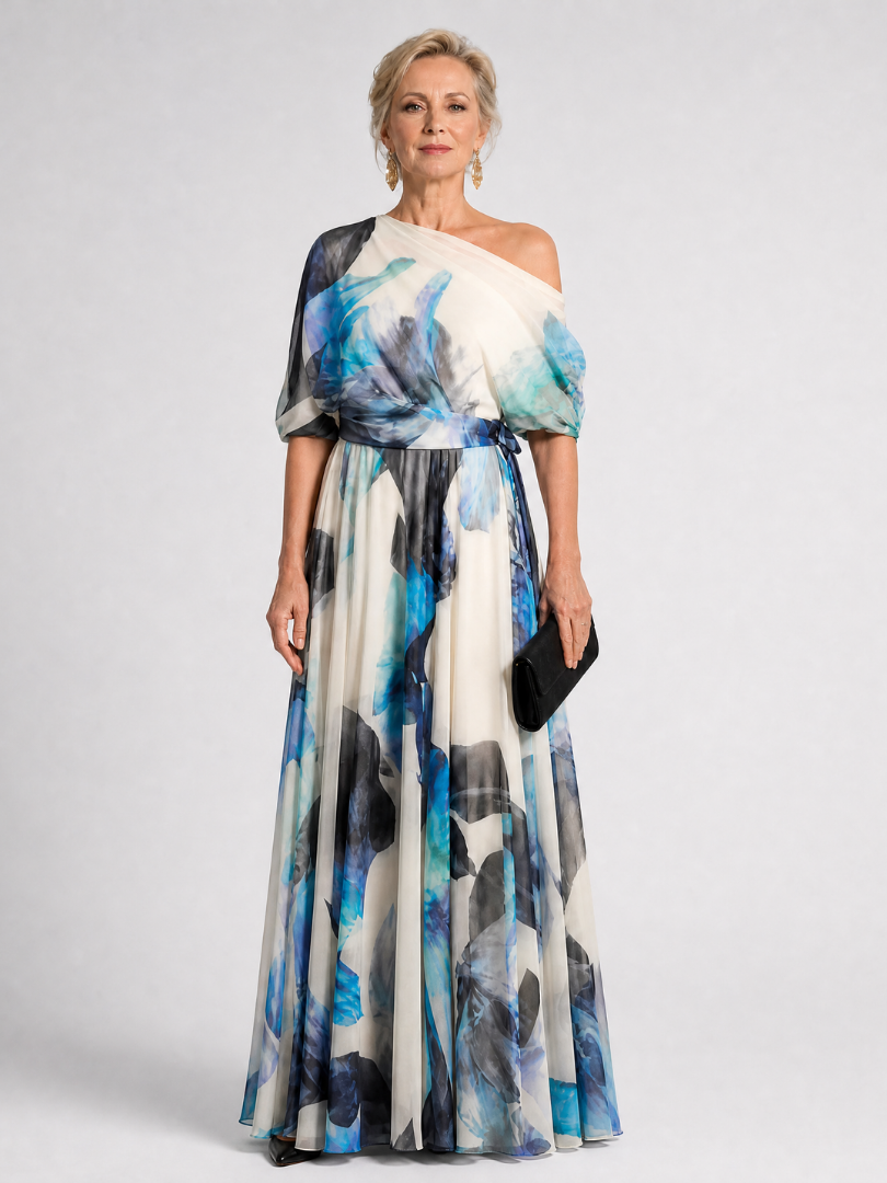 Lysanthe | Off-Shoulder Maxi-Kleid mit Blumendruck & Taillenschleife