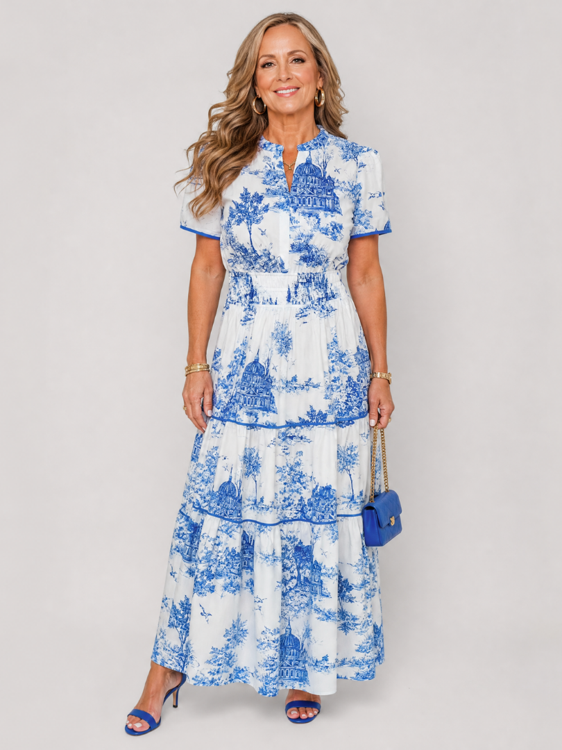 Seraphine | Midi-Kleid mit gestuftem Rock, Kurzarm & Knopfausschnitt