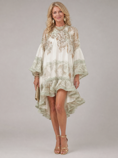 Okela | Kleid mit Blumendruck, Ballonärmeln & Rüschenabschluss