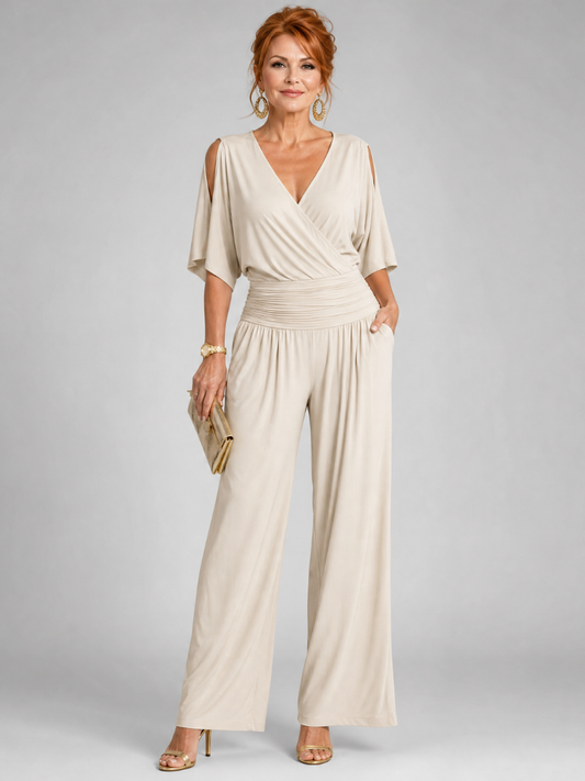 Juman | Jumpsuit mit Cold-Shoulder, Wickel-V-Ausschnitt & Weithose