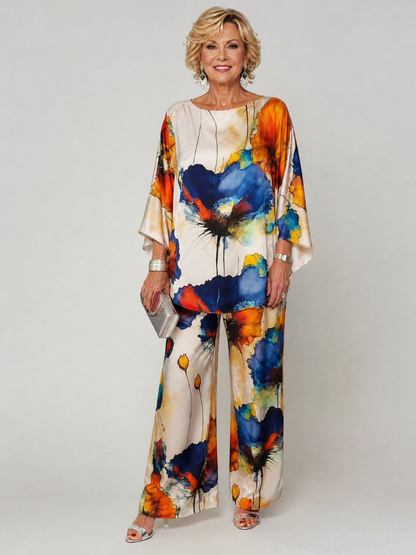 Zorielle | Zweiteiliges Blumenprint-Set mit drapierten Ärmeln & weitem Beinkleid