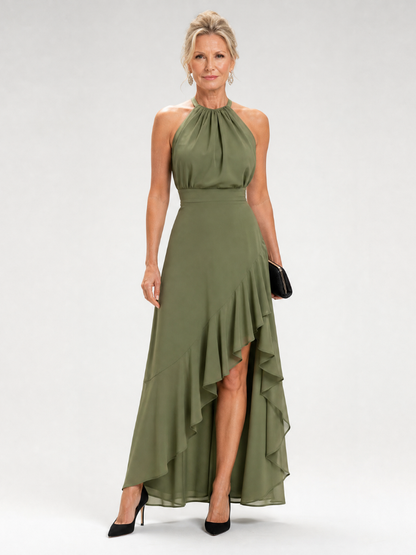 Vikal | Halter-Neck-Kleid mit High-Low-Saum & gestuften Rüschen