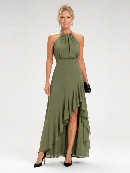 Vikal | Halter-Neck-Kleid mit High-Low-Saum & gestuften Rüschen