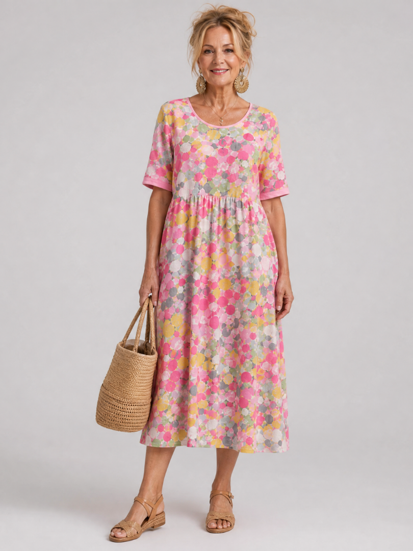 Ysoria | Midi-Kleid mit Halbarm, Rundhalsausschnitt & entspannter Silhouette