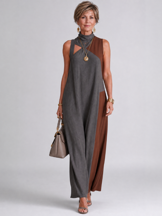 Zorynthia | Ärmelloses Midi-Kleid im Colorblock-Design mit hohem Ausschnitt & Cutout